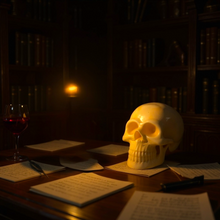 Charger l'image dans la galerie, Savon à la glycérine végétale en forme de crâne 400g posé sur un bureau en bois avec des feuilles manuscrites et un verre de vin rouge dans une ambiance tamisée.