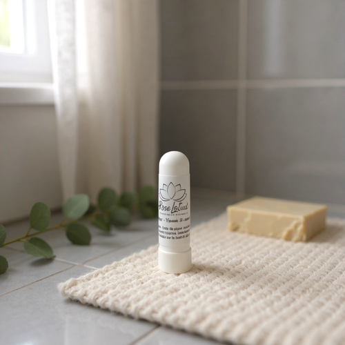 Inhalateur bien-être menthe poivrée et lavande pour soulager maux de tête et nausée, format compact et facile à emporter.