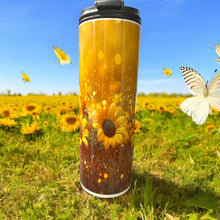 Charger l&#39;image dans la galerie, Double-walled insulated mug with sunflowers, featuring a coffee lid and retractable straw.

