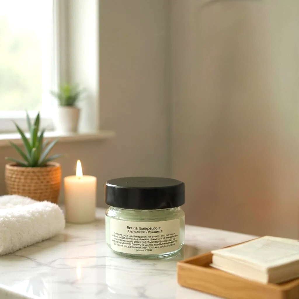 Crème anti-irritation naturelle en pot sur table en marbre avec ambiance zen, bougie allumée et serviette blanche.