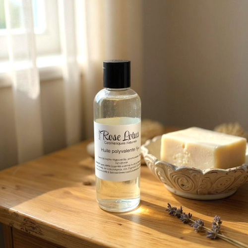 Flacon d'huile polyvalente naturelle transparente sur table en bois avec savon artisanal et brin de lavande.