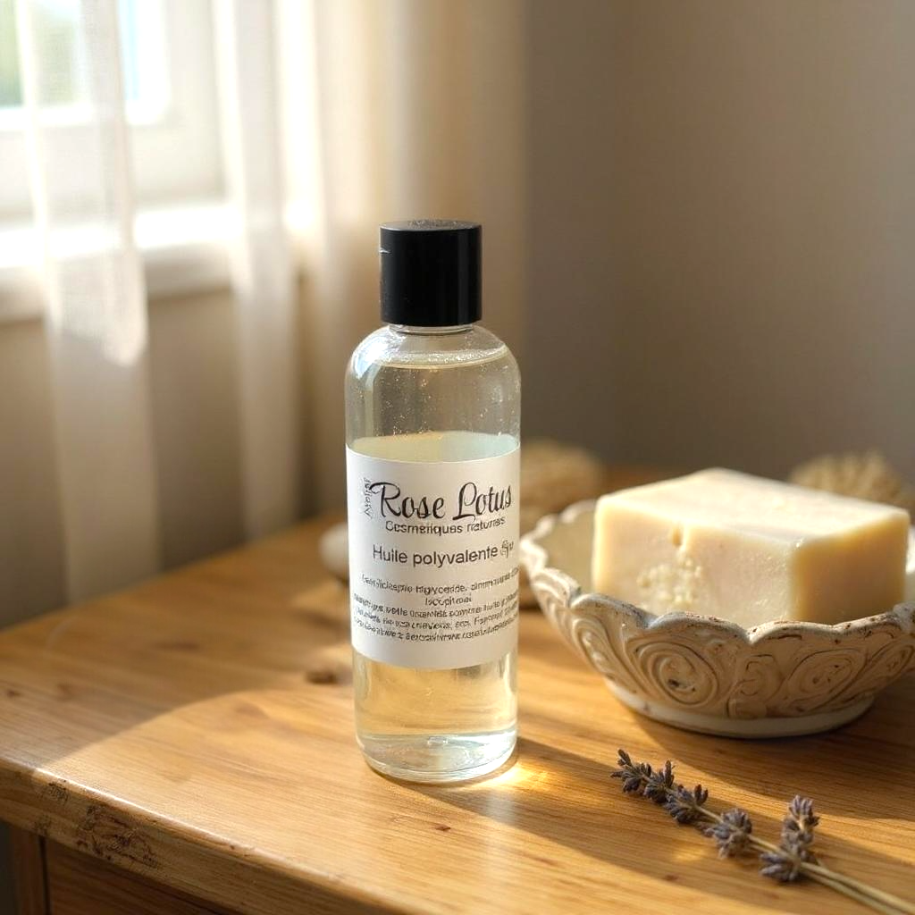 Flacon d'huile polyvalente naturelle transparente sur table en bois avec savon artisanal et brin de lavande.