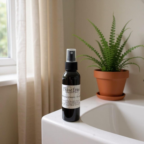 Démêlant à cheveux naturel en spray avec ingrédients biologiques posé sur un lavabo près d'une plante verte en pot.