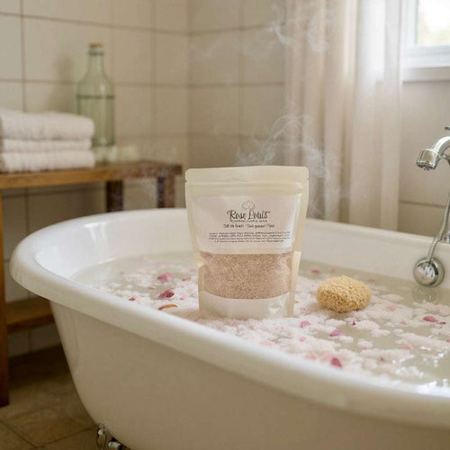 Sel de bain apaisant Maïa dans une baignoire avec fleurs et eau chaude, rituel détente et bien-être.