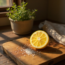 Charger l&#39;image dans la galerie, Bombe de bain naturelle en forme de tranche de fruit posé sur une planche en bois avec des cristaux de sel à côté et une plante en pot en arrière-plan.
