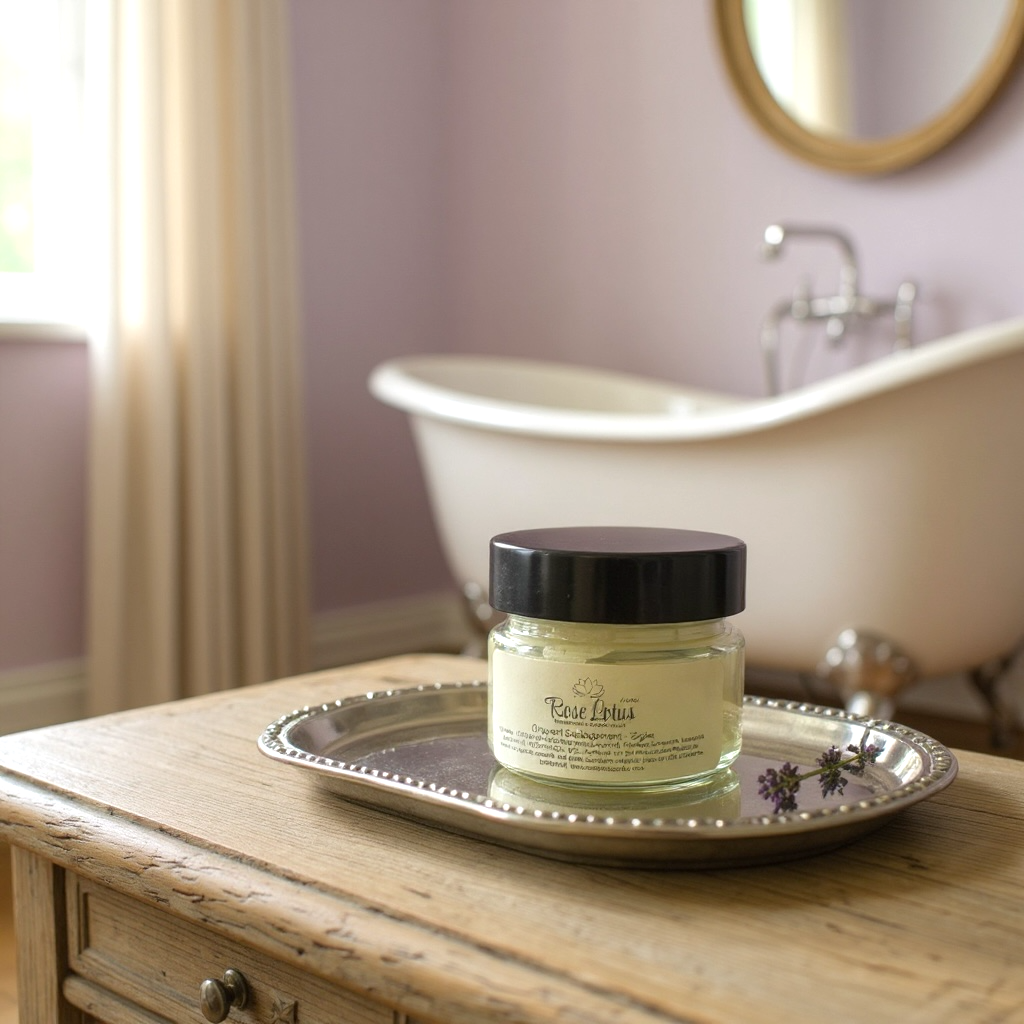 Onguent apaisant pour eczéma 100% naturel en pot en verre posé sur un plateau en métal dans une salle de bain élégante.