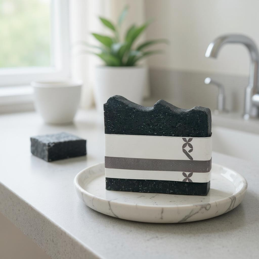 Savon en barre au charbon actif noir posé sur un porte-savon blanc marbré dans une salle de bains moderne.