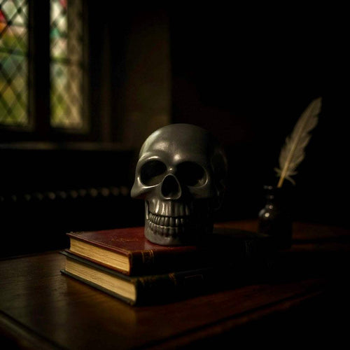 Black skull-shaped glycerin soap on vintage books in dimly lit room