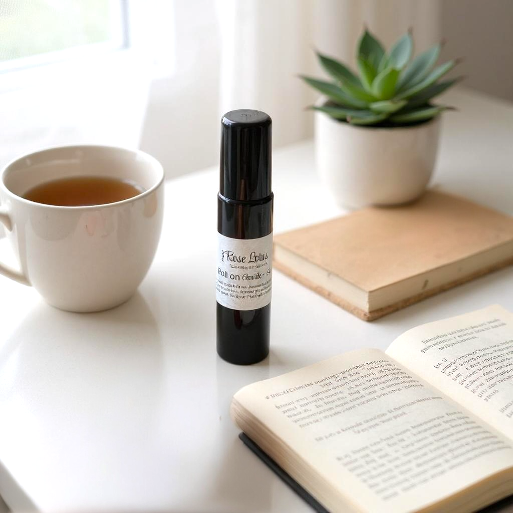 Roll-on anti-anxiété à la camomille, lavande et sauge posé sur une table près d'une tasse de thé, un livre ouvert et une plante verte.