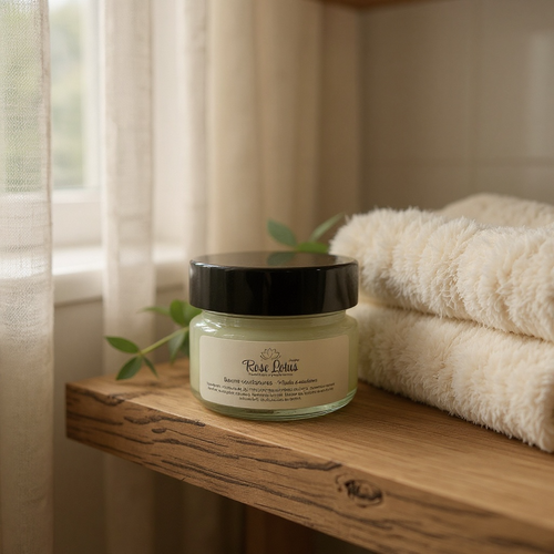 Baume courbatures naturel pour soulager muscles et articulations avec cire d’abeille et huiles essentielles bio, pot sur étagère en bois.