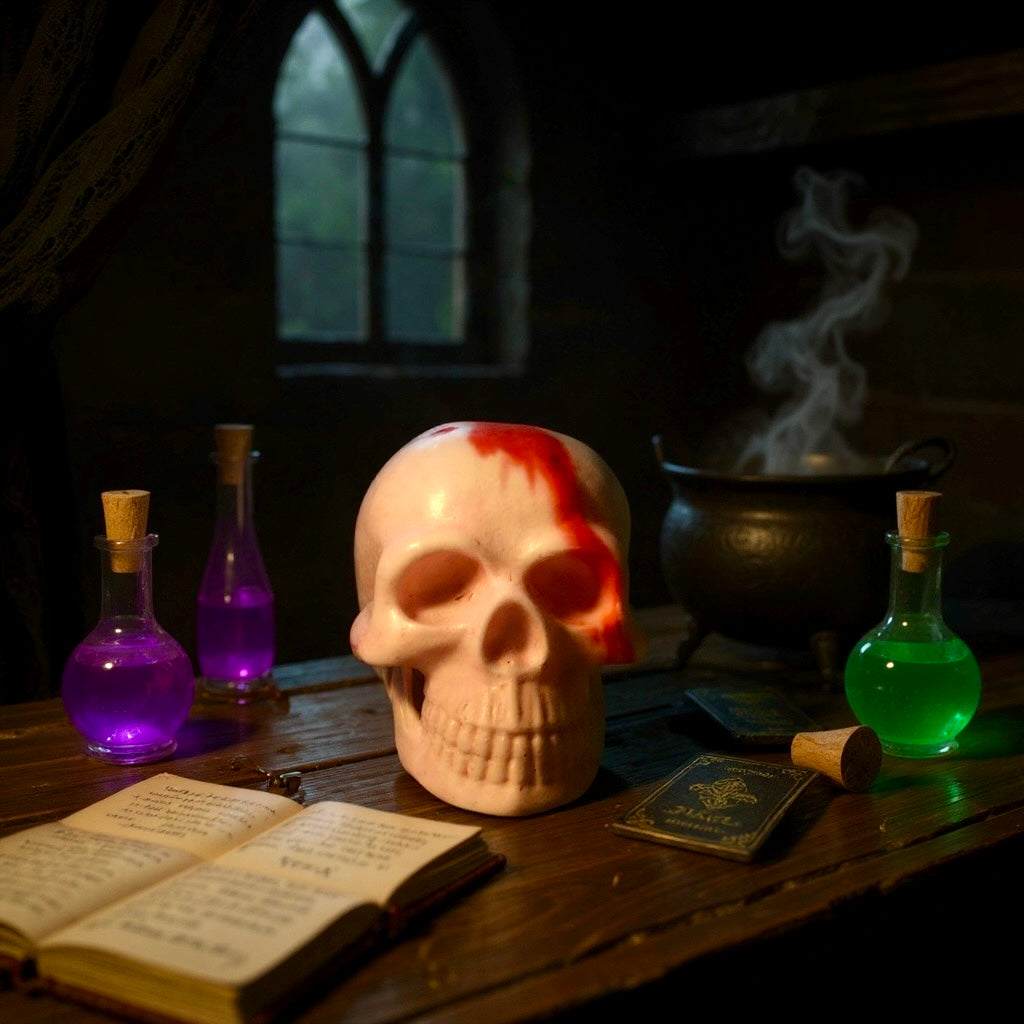 Vegetable glycerin soap shaped like a skull with a red streak, surrounded by potion bottles, an open book, and a smoking cauldron on a wooden table.