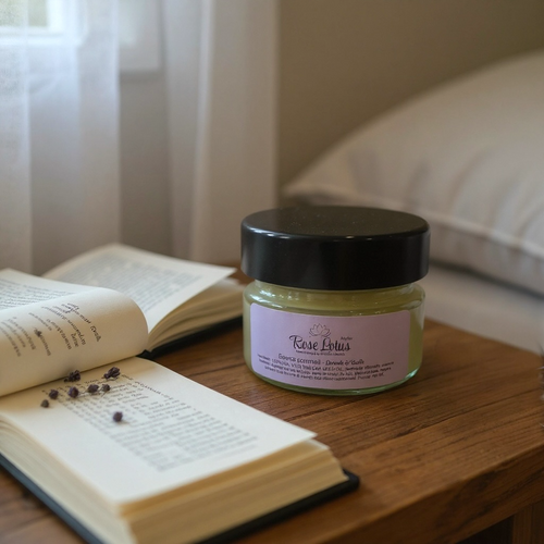 Baume Sommeil Lavande en pot de 100 ml posé sur table en bois près d'un livre ouvert pour rituel apaisant avant le coucher.