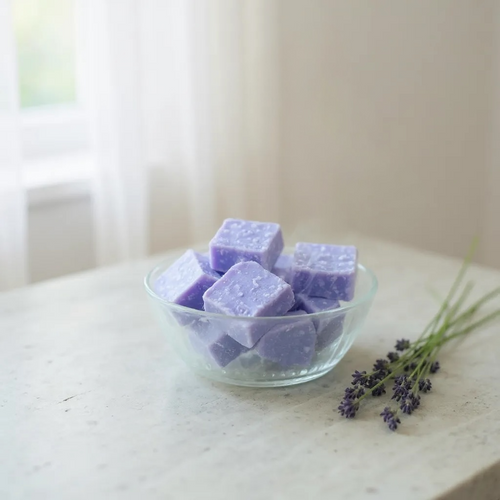 Purple scented wax melts in a glass bowl with lavender sprigs on a light surface, tartelettes de cires parfumées.