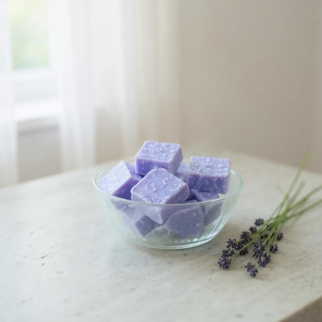 Purple scented wax melts in a glass bowl with lavender sprigs on a light surface, tartelettes de cires parfumées.