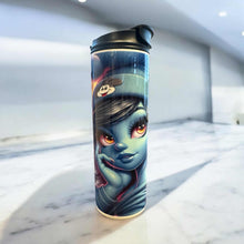 Charger l&#39;image dans la galerie, Thermal glass with dual lids, retractable straw, and vibrant design on marble surface.
