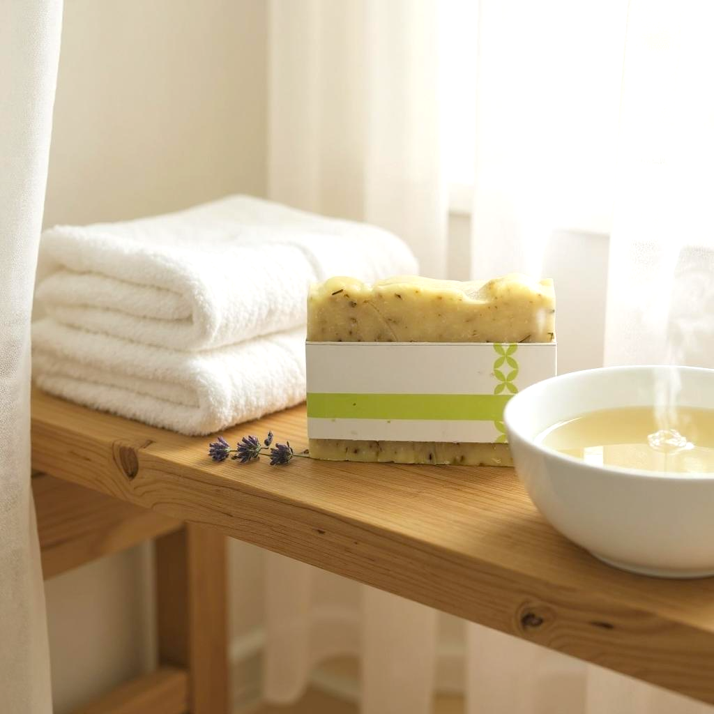Savon en barre à la citronnelle naturel posé sur table en bois près de serviettes blanches et bol de tisane, ambiance zen et fraîcheur.