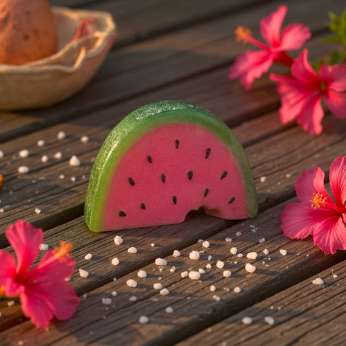 Bombe de bain en forme de tranche de pastèque colorée sur bois avec fleurs roses et grains de sel autour