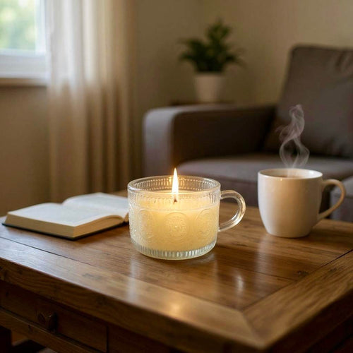 Vintage natural soy wax candle with double wick in a reusable glass cup on a wooden table next to a steaming mug and an open book