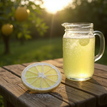 Charger l&#39;image dans la galerie, Bombe de bain tranche de fruit citron effervescente posée sur table en bois à côté d’un pichet transparent de liquide pétillant en extérieur au coucher du soleil.
