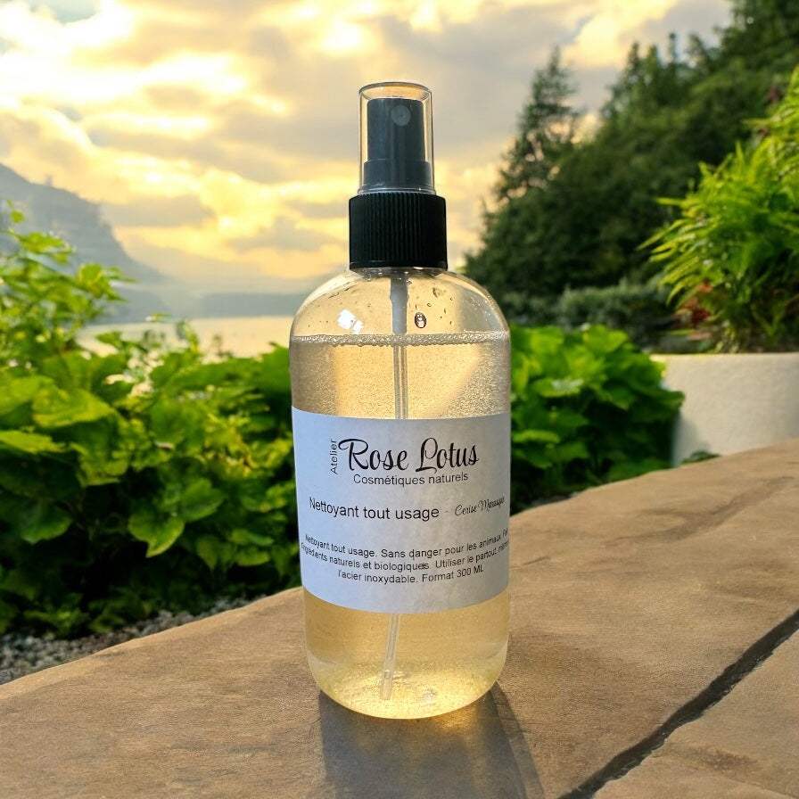 Biological all-purpose cleaner 500ml bottle in natural outdoor setting.