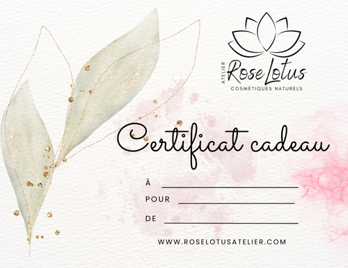 Certificat cadeau thérapeutique avec design floral et logo Rose Lotus Atelier.
