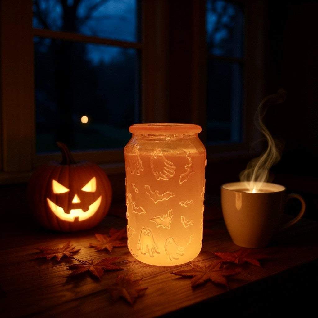 Bougie d’Halloween orange avec fantômes, cire de soya naturelle et contenant réutilisable en verre avec couvercle.