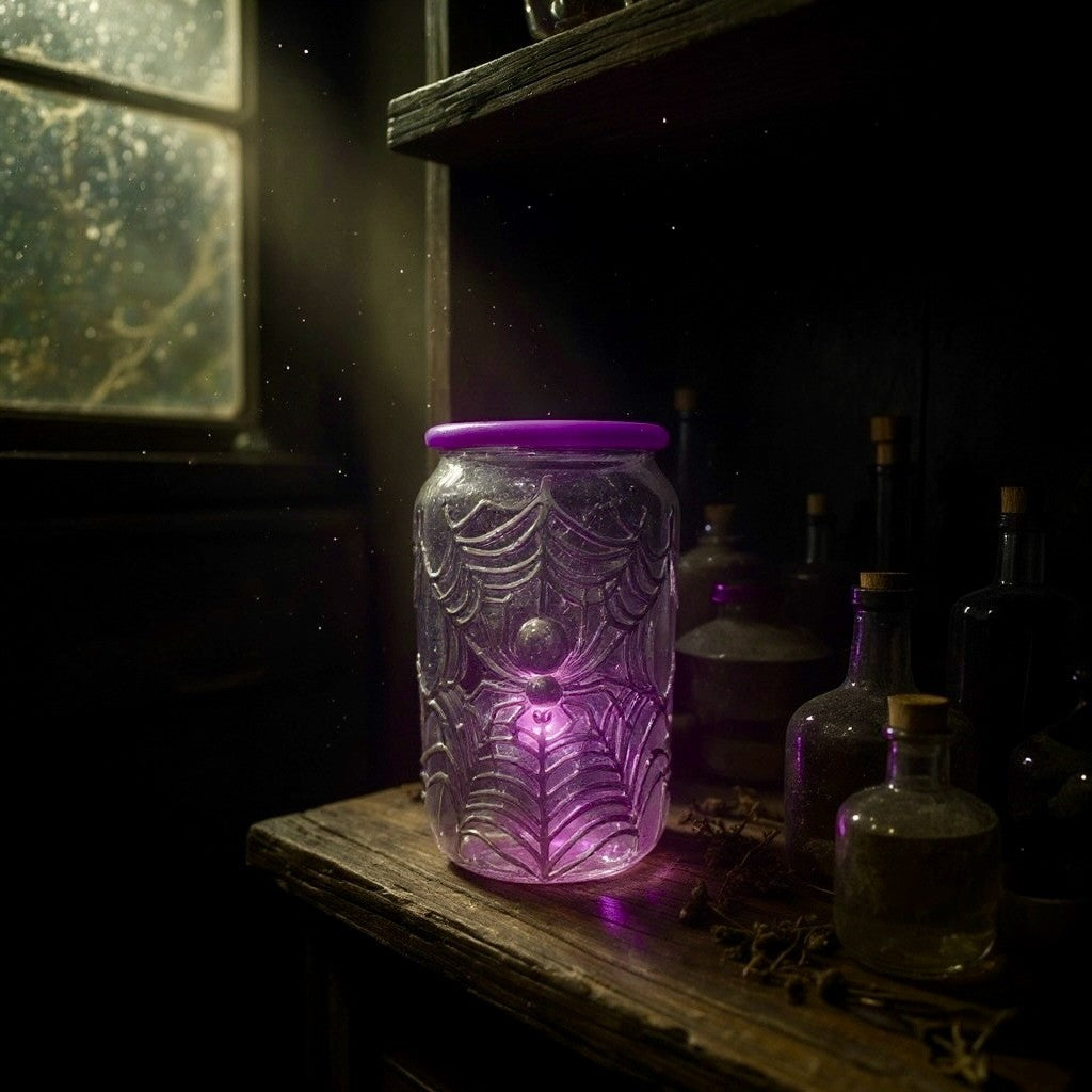 Bougie d’Halloween mauve avec motifs d’araignées, cire de soya naturelle, mèche en coton, contenant réutilisable avec couvercle, ambiance Halloween mystique